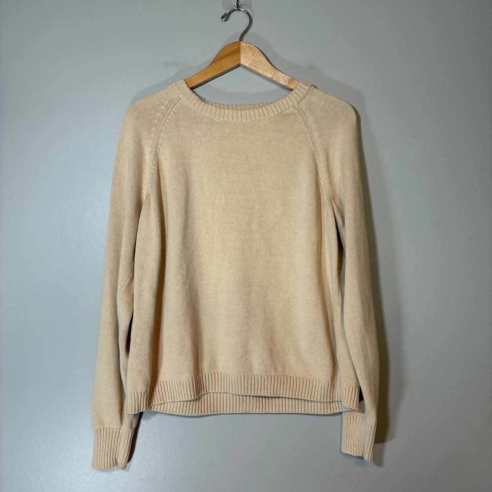 Lands End Mens Large Tan Beige 100% Cotton Raglan Crewneck Sweater 556376